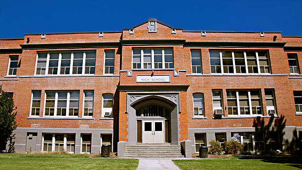 Exterior of large brick high school on a sunny day